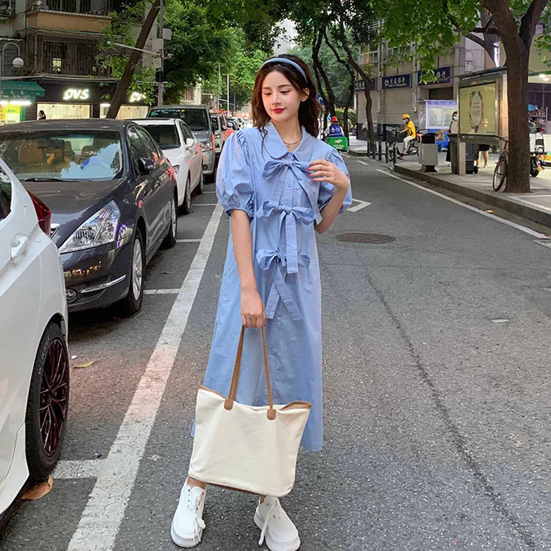 

Korean Preppy Style Sweet Girly Dress Womens Kawaii Loose Single-Breasted Dress Vintage Bow Puff Sleeve Shirt Dress Long Dresses
