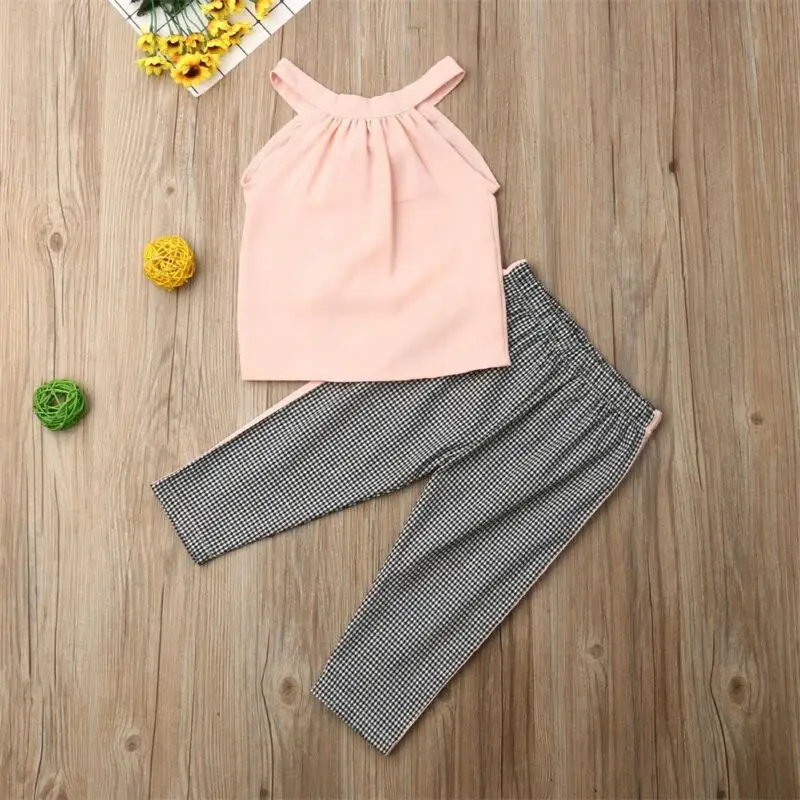 Летние комплекты одежды для маленьких девочек топ без рукавов с бантом и штаны