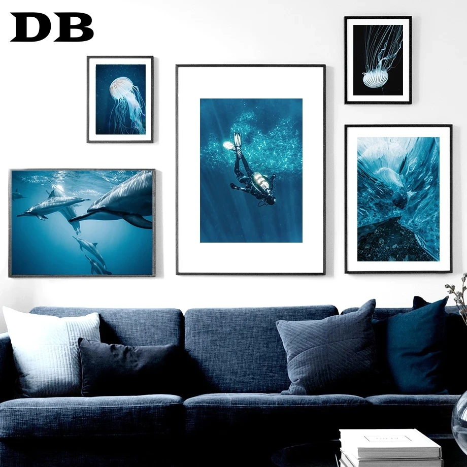 

Dolphin Jellyfish Turtle Ocean Dive Wall Art Canvas Painting Nordic Posters And Prints Wall Pictures For Living Room Home Decor