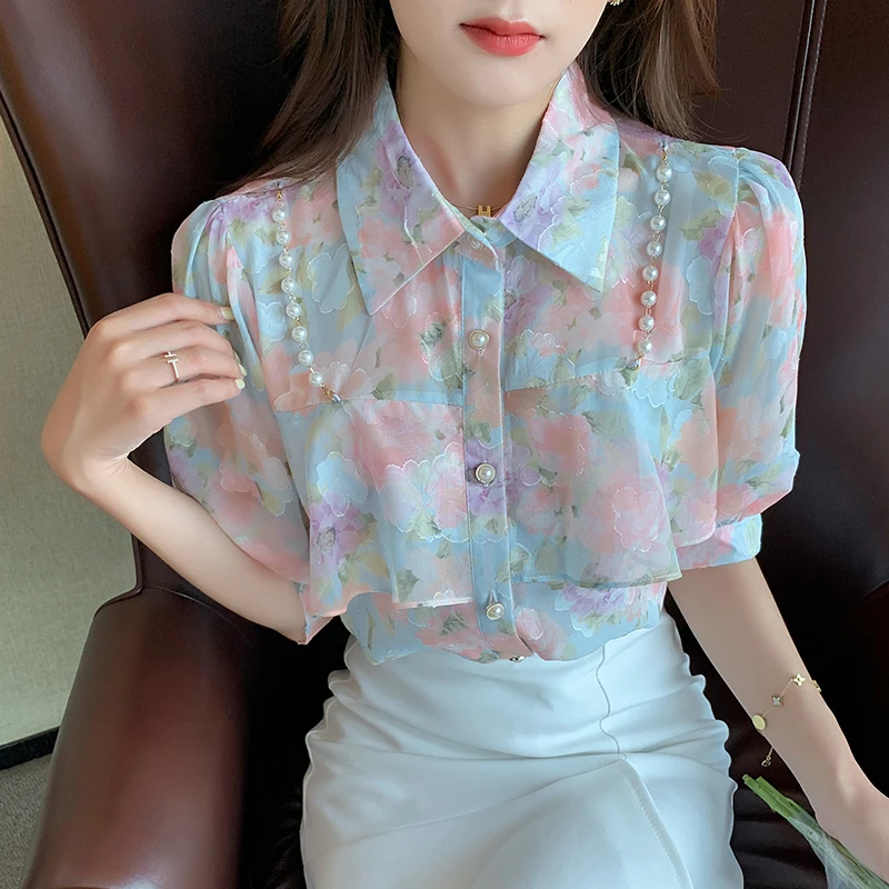 

Женская шифоновая блузка, летняя блузка с коротким рукавом, украшенная бисером