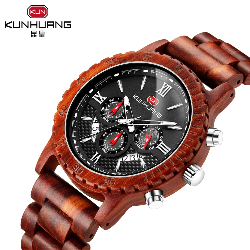 Hot Selling Wood Watches Men's Wood Watches Men's Fashion Three-eye Six-pin Multi-Function Quartz Watch