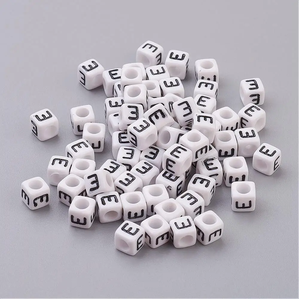 

500 g Letter Acrylic Beads Cube White Letter E Size: about 6mm wide 6mm long 6mm high hole: about 3.2mm about 2600pcs/500g