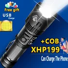 Новейший светодиодный супер яркий фонарик XHP199 с COB матрицей, USB Перезаряжаемый фонарь онарик XHP70.2 XHP50 с зумом, фонарик с батареей 5000 мАч, 18650, 26650