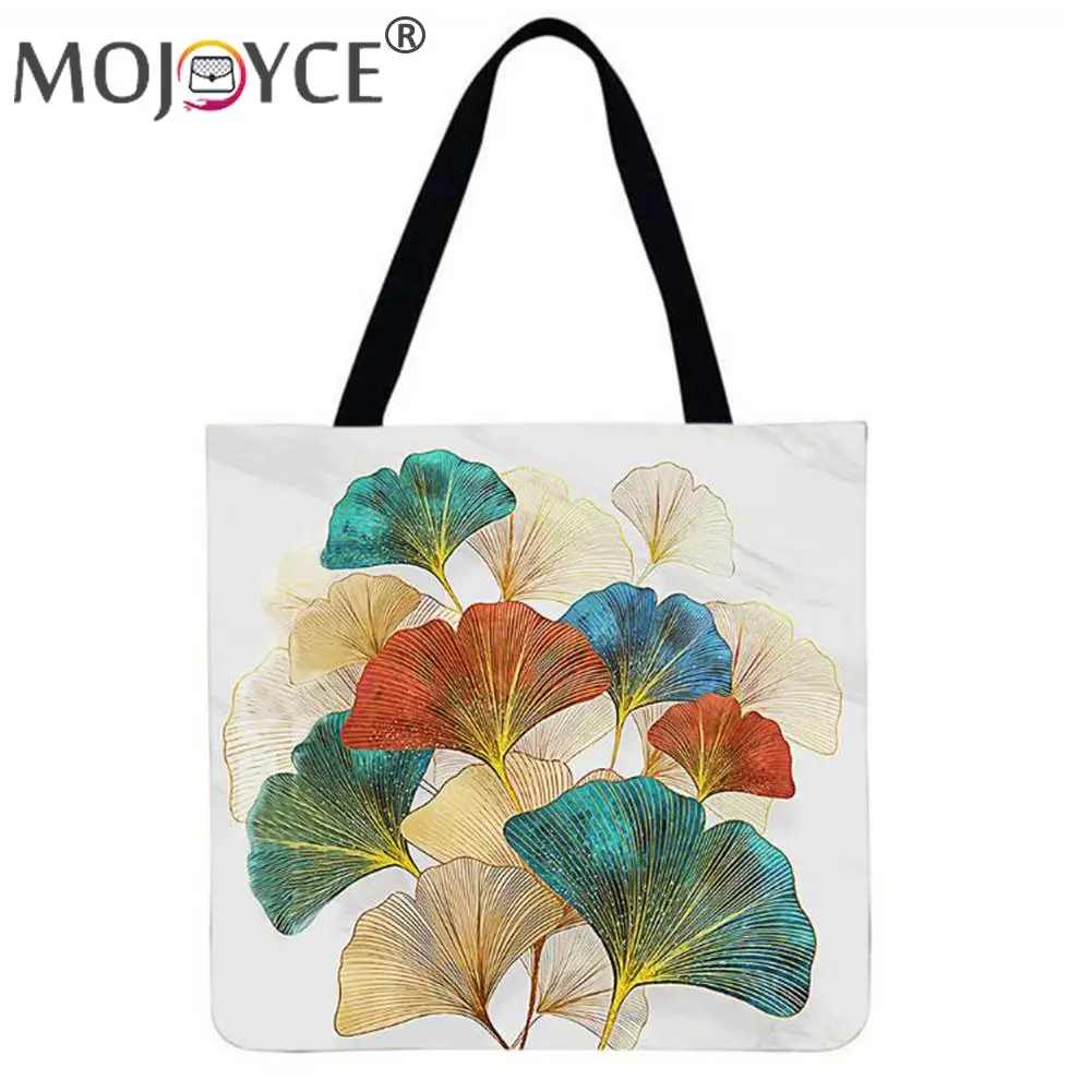 

Сумка-тоут женская льняная с принтом листьев, собак и цветов