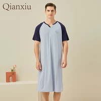 mens v neck nightdress patchwork nightgown short sleeve large size bamboo fiber nightskirt fancy sexy plus size homeclothes