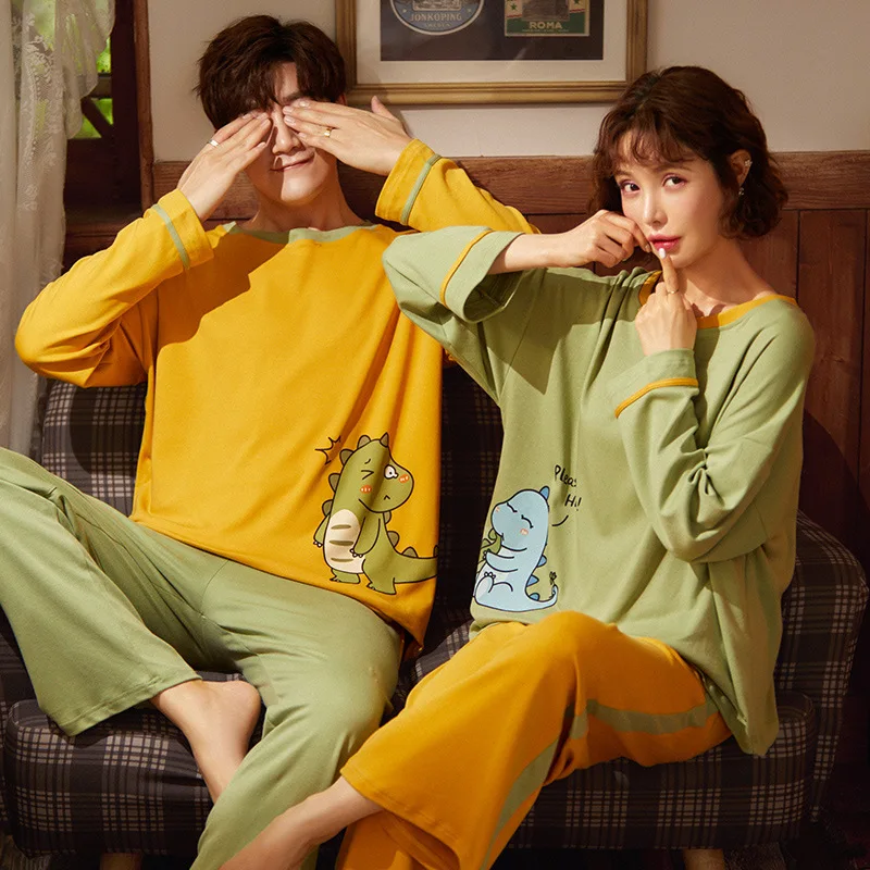 

Little Dinosaur Couple Pajama Set Loose Cotton Nightwear Autumn Warm Pijamas Mujer Casual Home Suit Sweet Sleepwear For Women