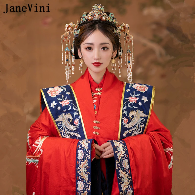 

JaneVini Luxury Chinese Style Bridal Headwear Pearls Tassel Retro Blue Phoenix Crowns Princess Hairpins Wedding Hair Accessories