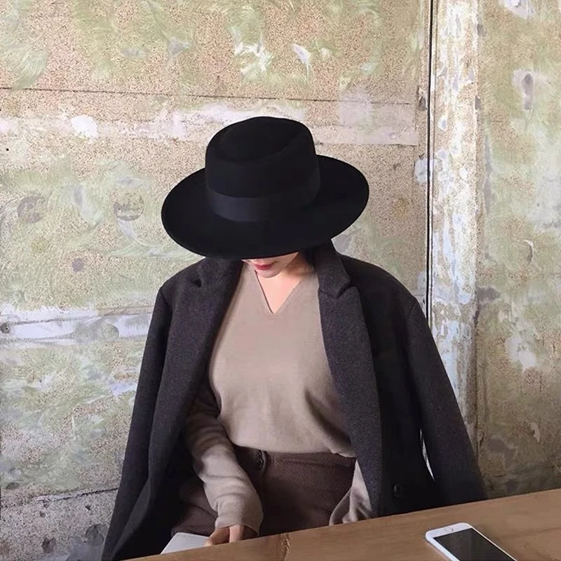 

VRIGINER High Quality Autumn Winter Fedora Hat Woman Fashion Big Women 100% Wool Hat Flat Top Ladies Wide Brim Hat For Winter