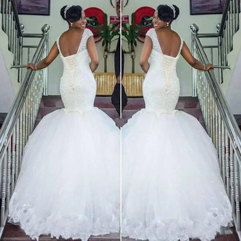 

Plus Size White Mermaid Wedding Sparking Beading Cap Sleeves Corset 2023 Lace Vintage Sexy Bridal Gowns for Country Wedding