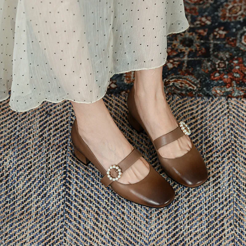 

FEDONAS Rhinestone Shoes For Women Fashion Thick Heels Shoes Woman Heels 2021 Spring Genuine Leather Wedding Basic Women Shoes