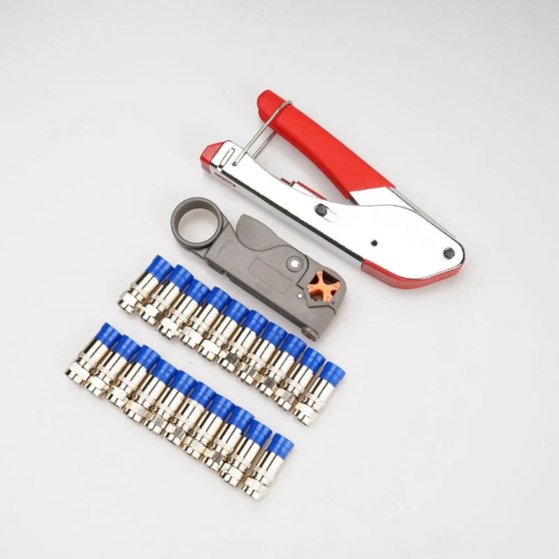 

GTBL 14Pcs/Set Coax Cable Crimper Coaxial Compression Tool Kit Wire Stripper with 10Pcs F RG6 RG59 Connectors (Blue-F)