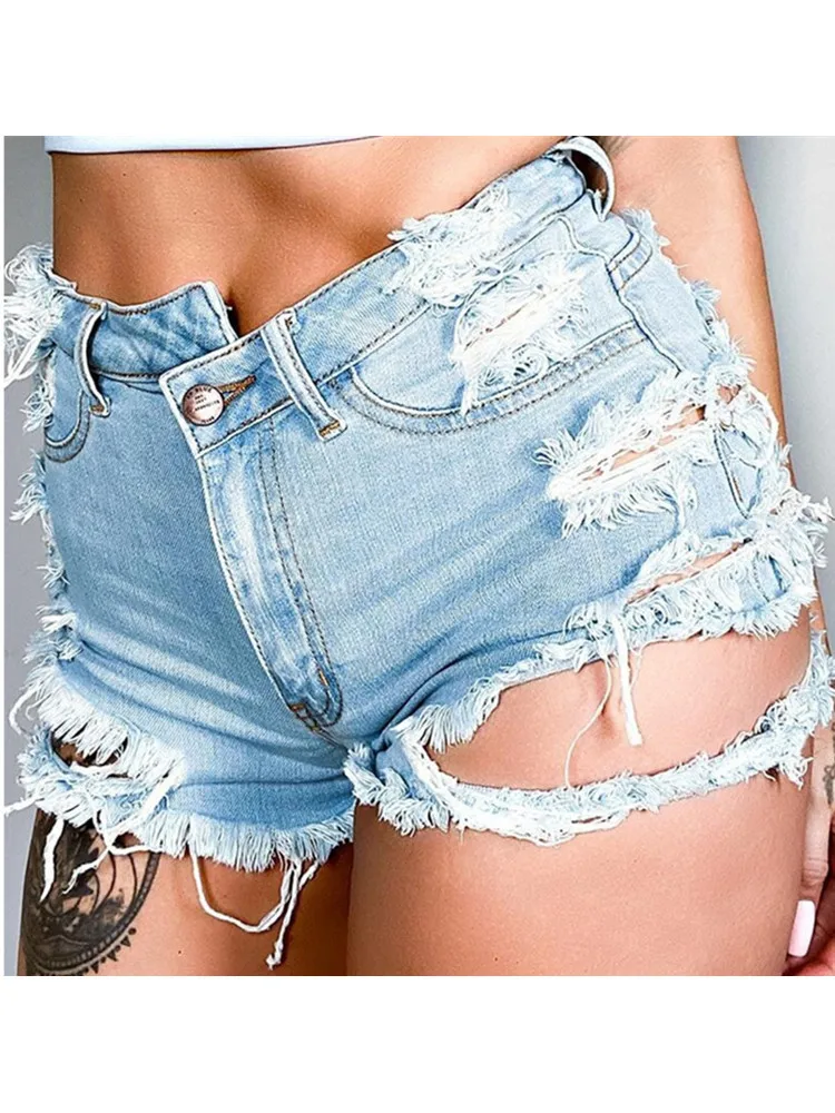 

2021 Summer New Women's Irregular Torn Hole High Waist Fashion Casual Jeans Shorts Light Blue Zipper Pocket Sexy Nightclub Party