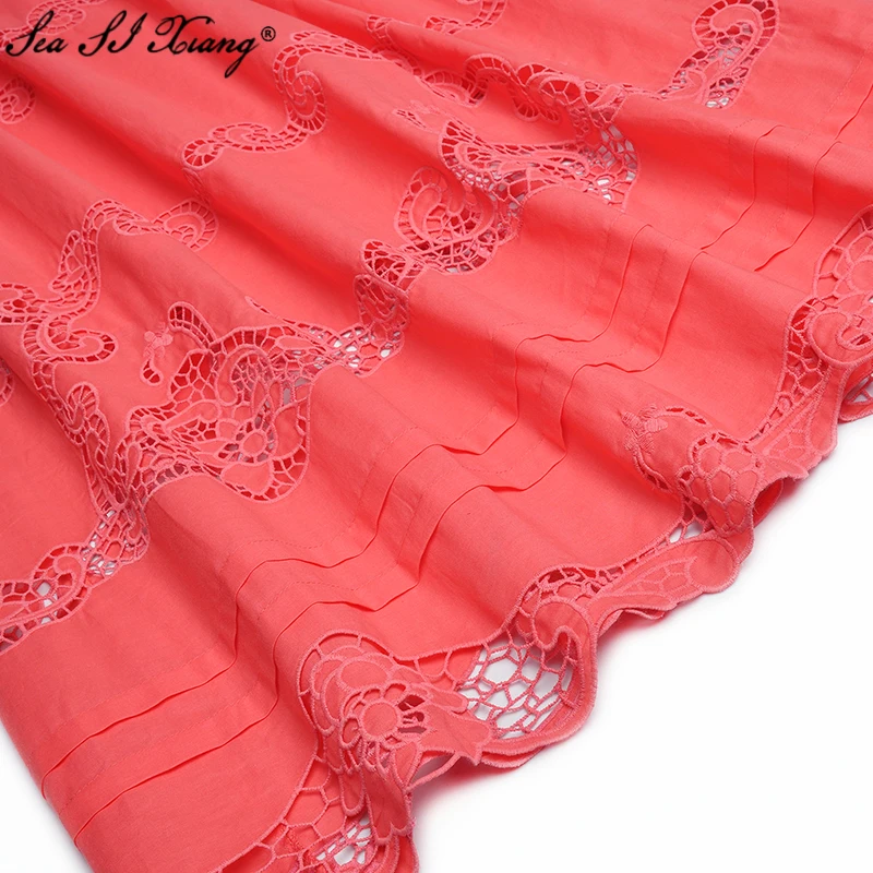 

Seasixiang Fashion Designer Summer Cotton Dress Women V-Neck Short Sleeve Embroidery Hollow Out Vintage Long Dresses 2021 New