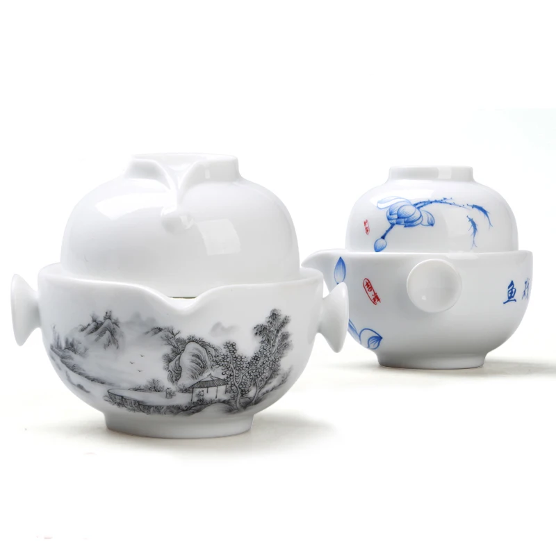 [GRANDNESS] Quik Cup of Blue and White Porcelain Pot,Tea Set Include 1 Pot 1 Cup, High Quality Elegant Gaiwan