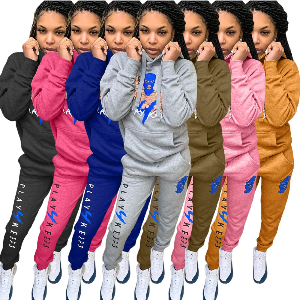 

Cartoon Letter Printed Women's Sport Suit Pockets Hooded Long Sleeve Pullover Tops and Workout Jogger Sweatpant Two Piece Outfit