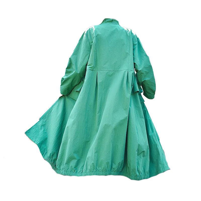 

IEQJ 2021 New Women Loose Clothes Spring Stand Collar Full Sleeves Drawstring Pocket Zippers Long Windbreaker WP77906
