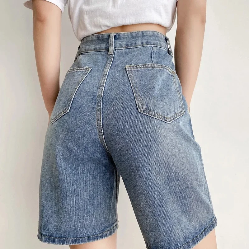 

High Waist Vintage Denim Shorts Chic Summer 2021 New Loose Korean Fashion Y2k Straight Short Pants New Women's Clothes Blue Thin