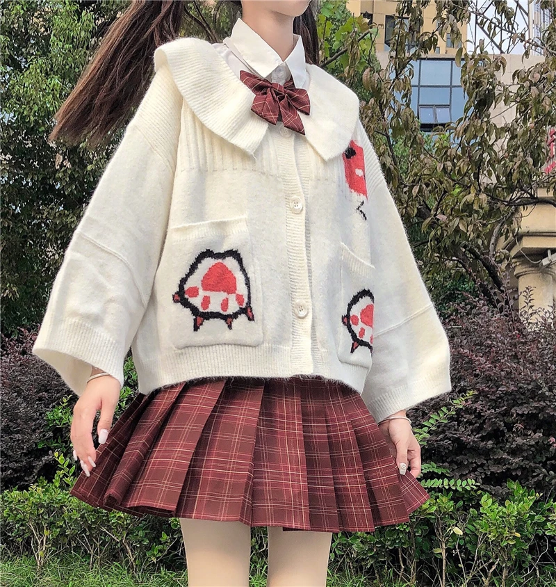 

Autumn Winter Sweater Jacket Japanese Soft Sister Sweet Cute Doll Collar Cartoon Pattern JK Uniform Coat Loose Knitting Coat Top