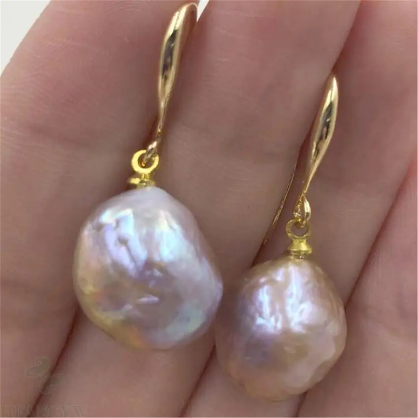 

14-15mm Huge pink baroque pearl earrings 18K gold plating dangler party earbob