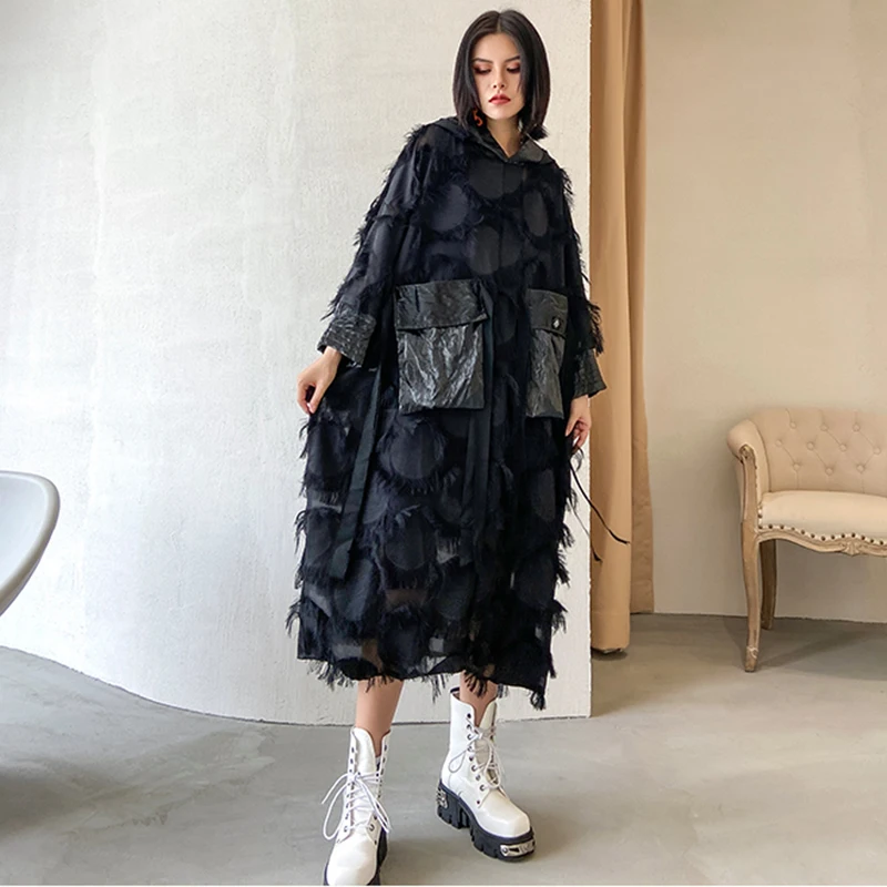 Женское асимметричное платье XITAO черное свободное уличное с капюшоном осень 2020