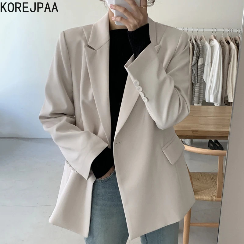 

Korejpaa Women Jacket 2021 Autumn Korea Elegant Temperament Ladies Lapel One Oblique Buckle Design Loose Long-Sleeved Suit Coat