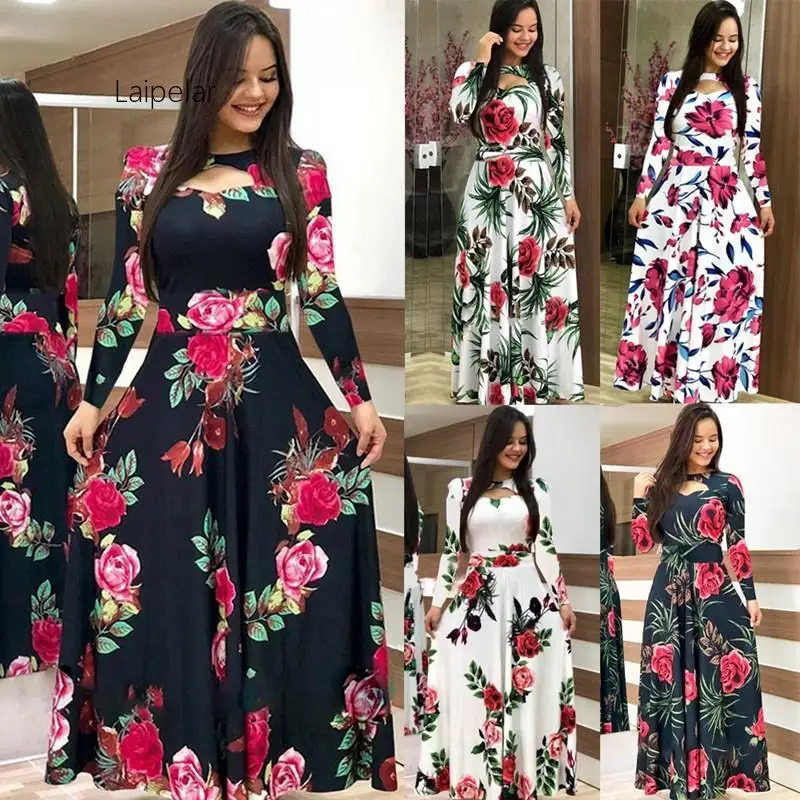 

Elegant Spring Autumn Women Dress 2019 Casual Bohmia Flower Print Maxi Dresses Fashion Hollow Out Tunic Vestidos Dress