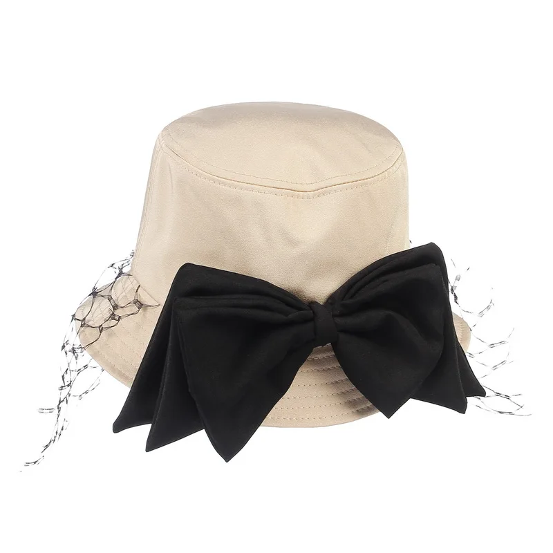 

Women Retro Bucket Bowler Sun Hat Bowknot Mesh Veil Roll Up Brim Wedding Church Cloche Cap Black White Khaki