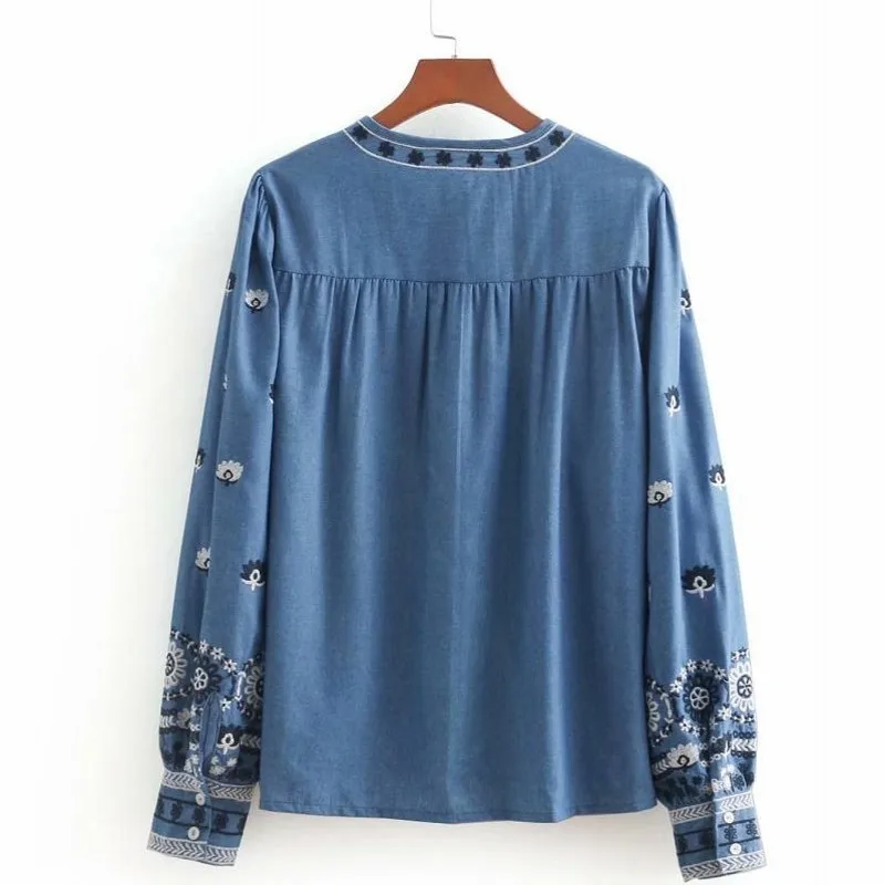 Женские джинсовые топы в народном стиле с цветочной вышивкой блузка длинным