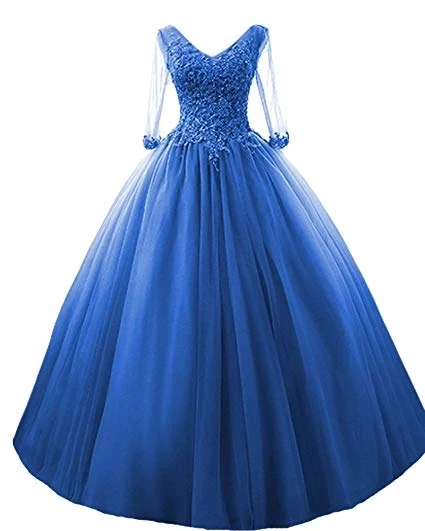 

ANGELSBRIDEP Long Sleeves Tulle Quinceanera Dresses 15 Years V-Neck Charming Appliques Full-Length Beads Puffly Debutante Gowns