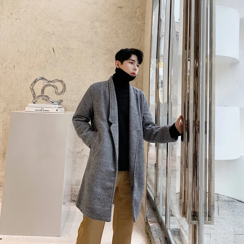 Зимнее шерстяное пальто Мужская модная однотонная Повседневная Длинная