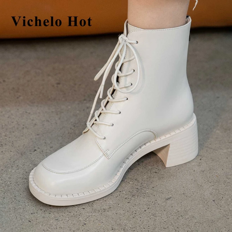 

Vichelo Лидер продаж 2022 Новое поступление коровья кожа круглый носок высокий каблук уличная одежда для молодых женщин зимние теплые модные бот...