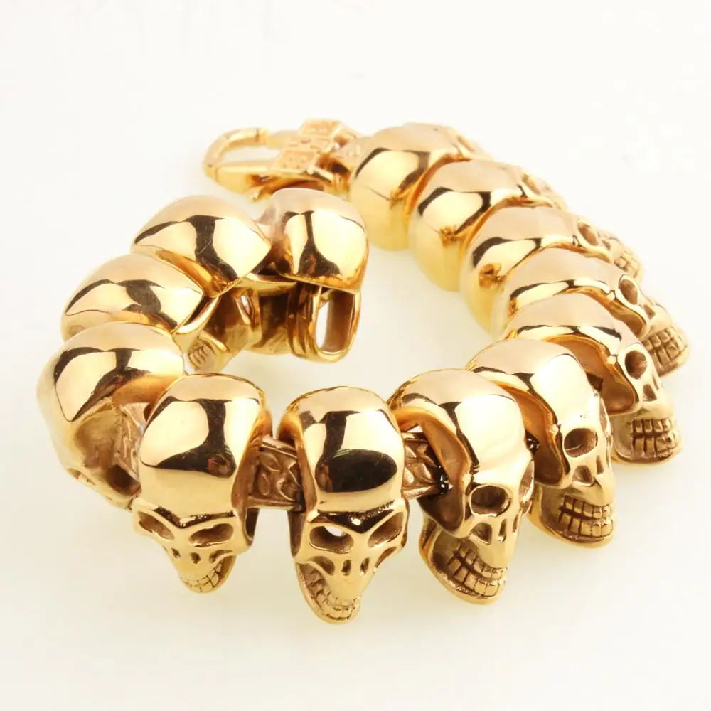 Панк браслеты из нержавеющей стали с золотым черепом для мужчин Готический Череп