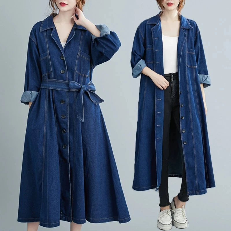 

2021 Autumn Spring Femmes Women's Denim Trench Coat Loose Casual Suit Collar Long Fashion Jeans Windbreaker With Belt Outwear
