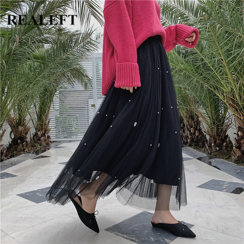 

REALEFT Spring Summer Bead Printed Mesh Pleated Women's Long Skirts Elegant High Waist Female Umbrella Maxi Skirts 2021 New