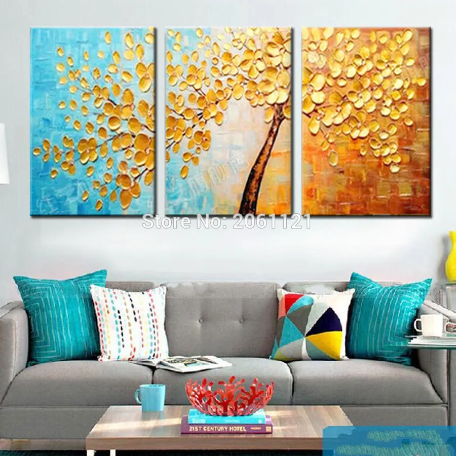 

Thick Textured 100% handmade Modern Abstract Oil Painting On Canvas Wall Art 3 panels golden tree leaf painting Gift