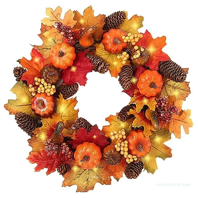 

C5AD Autumn Harvest 40cm LED Lighted Front Door Wreath with Faux Maple Leaf Pine Cone Pumpkin Thanksgivings Halloween Garland