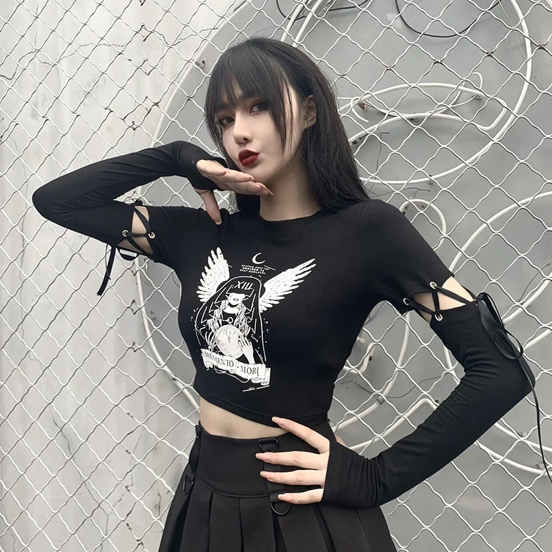 

Black Dark Goth Women T-shirts 2022 Summer Lady Hollow Out Lacing Sleeve Witch Print Hipster Short Length Tshirt Basic Cool Top