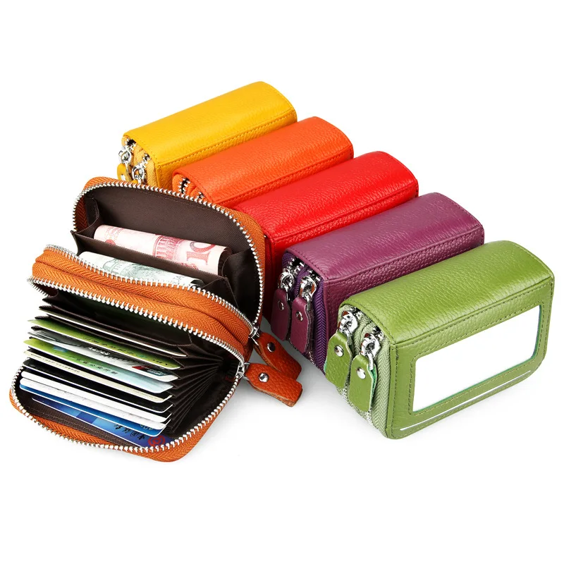 

New Business Card Holder for Men Women ID/Credit Card Holder Cowhide Card Wallet Top Layer Leather Double Zipper Card Case