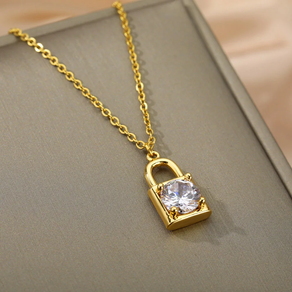 

Fashion Zirconia Padlock Necklace For Women Stainless Steel Padlock Pendant Charms Necklaces Aesthetic Jewelry Accessories