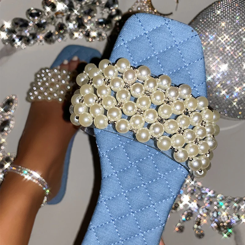 Шлепанцы женские с квадратным носком жемчужинами на плоской подошве размера