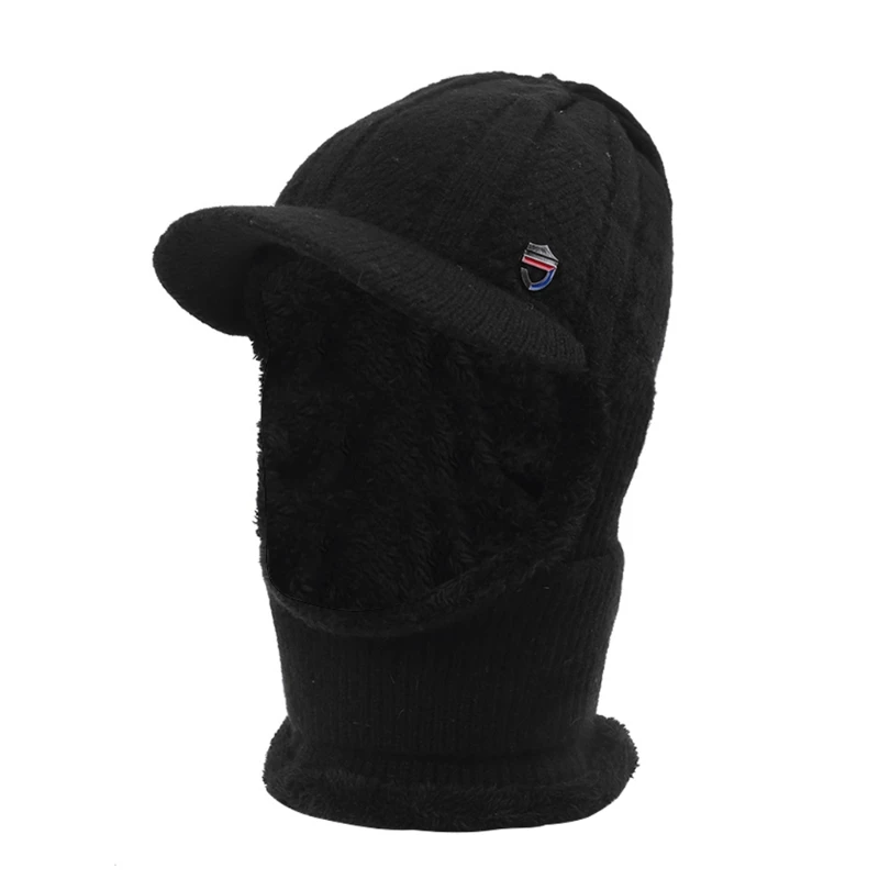 

Men Winter 2 Pieces Set Visor Brim Earflap Beanie Hat with Circle Scarf Knitted Thicken Plush Lined Skullies Baseball Cap