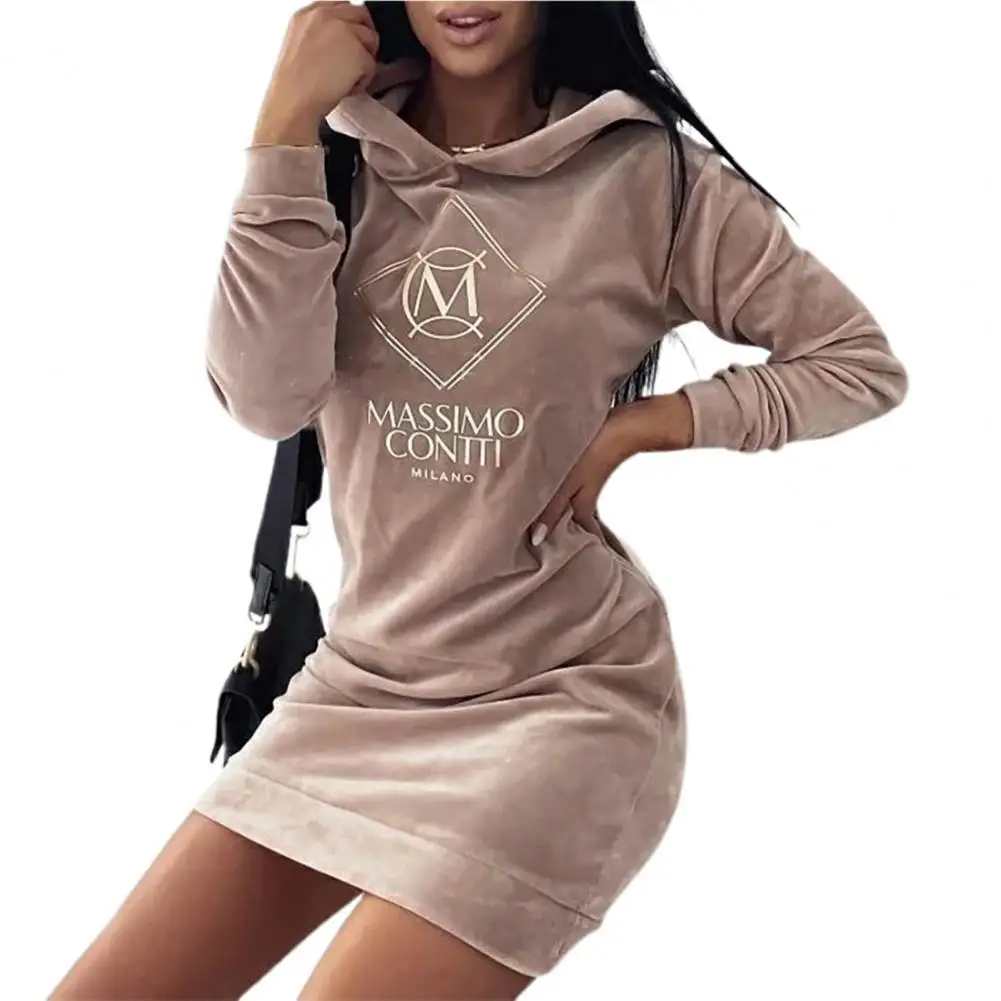

Fashion Letter Printed Hooded Sweatshirt Dress Solid Color Letter Velvet Slim-fitting A-line Dress Elegant Casual Ladies Vestido