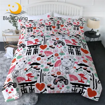 BlessLiving Lucky Cat Summer Quilt Set Geisha Blanket Japanese Style Bedding Japanese Style Bedspread Sakura Fan Couette De Lit 1
