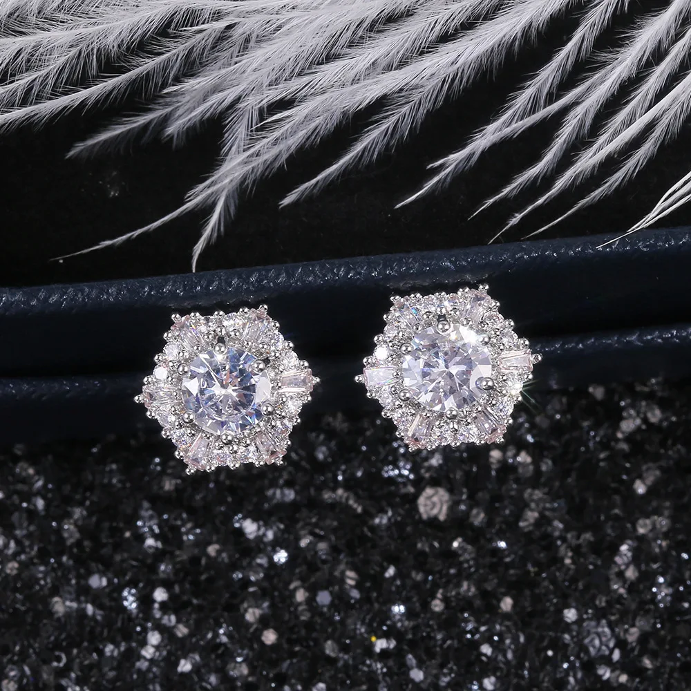 

Hot Sale New in Europe and America Luxury Women White Zircon Stud Earrings Hexagonal Engagement Retro Double Earring 2021