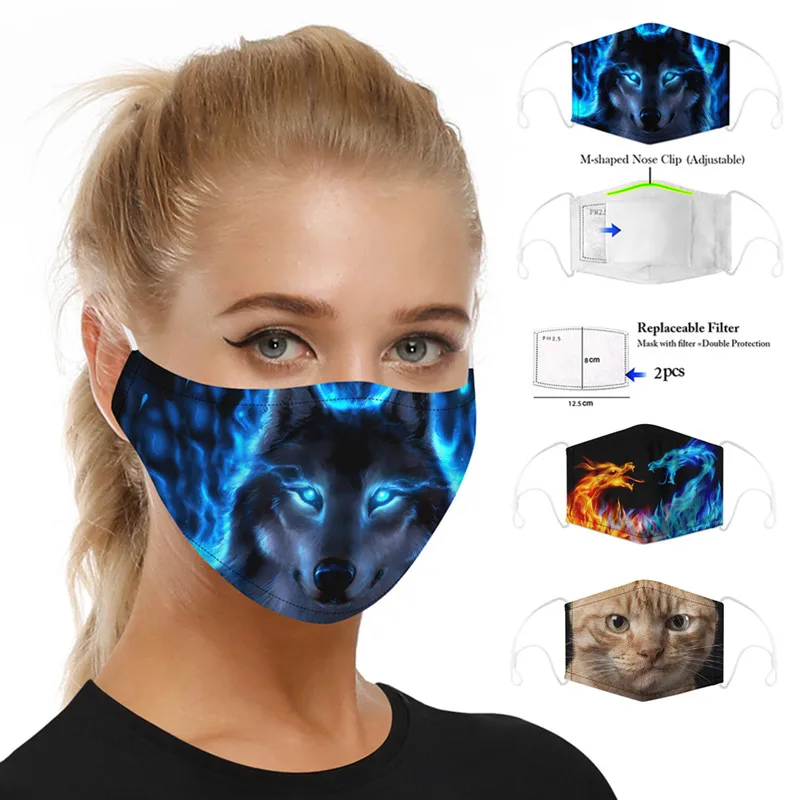 Маска многоразовая с принтом животных волка кошек собак фильтровальная бумага
