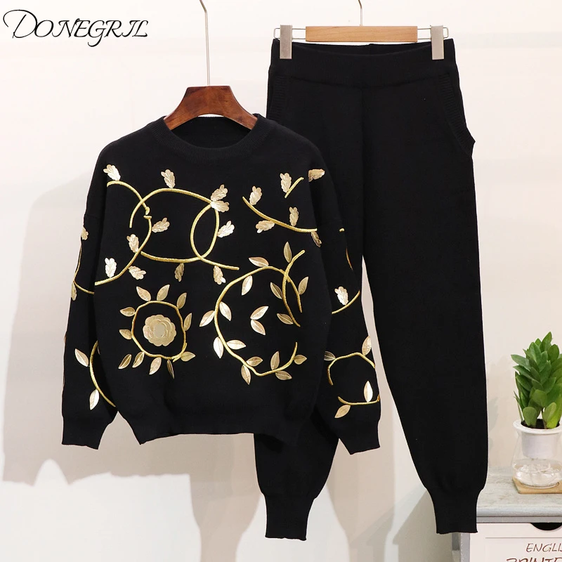 Осень-зима Женский комплект 2 шт. золотой Вязаный топ с цветочной вышивкой и