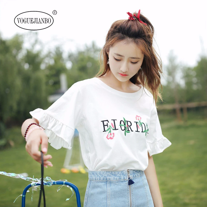 Женская футболка с Вышивкой Букв Повседневная Свободная круглым вырезом и