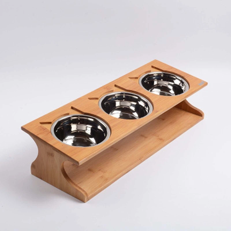 

Health Pet Feeder Three Bowls Stainless Steel with Bamboo Frame Stand Dog Dropshipping