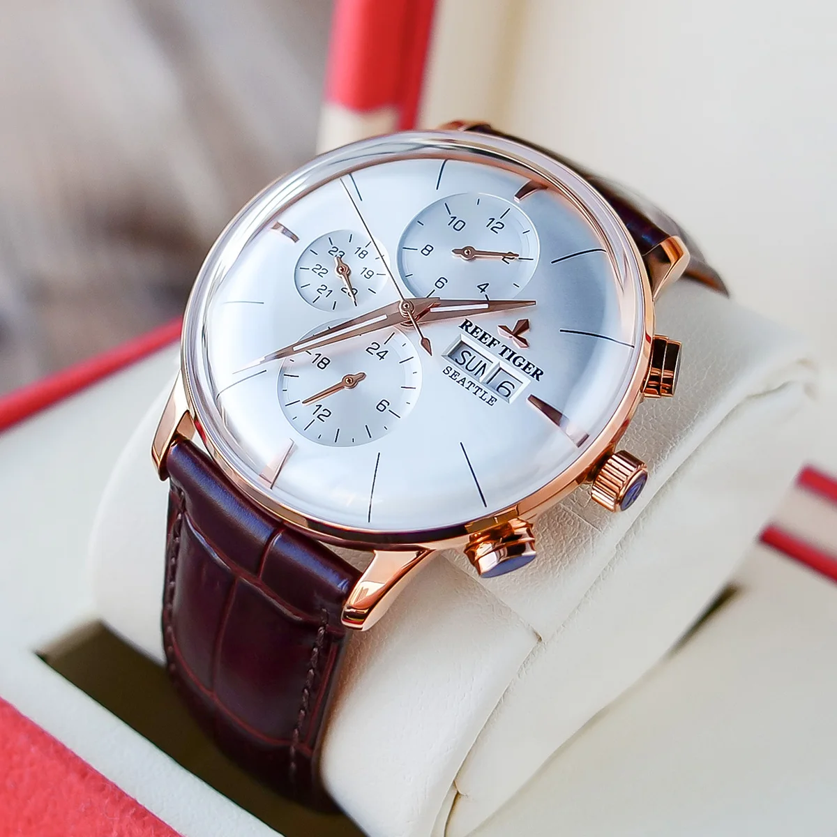 Reef Tiger/RT Top Brand Luxury Automatic Watch Reloj Hombre Multi Function Leather Strap Rose Gold Fashion Watches RGA1699 reef tiger rt fashion brand watches men sports waterproof two tone rose gold moon phase big date mechanical watch reloj hombre