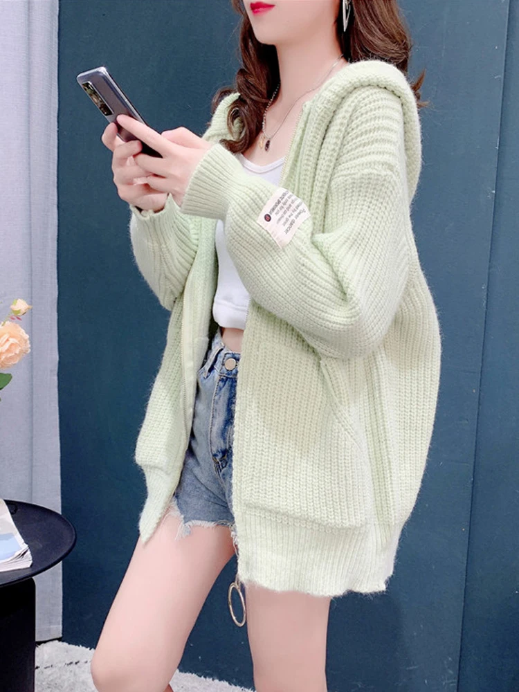 

Женский однотонный кардиган на молнии TIGENA, вязаный свитер с капюшоном и карманами в Корейском стиле для студентов на осень и зиму 2021